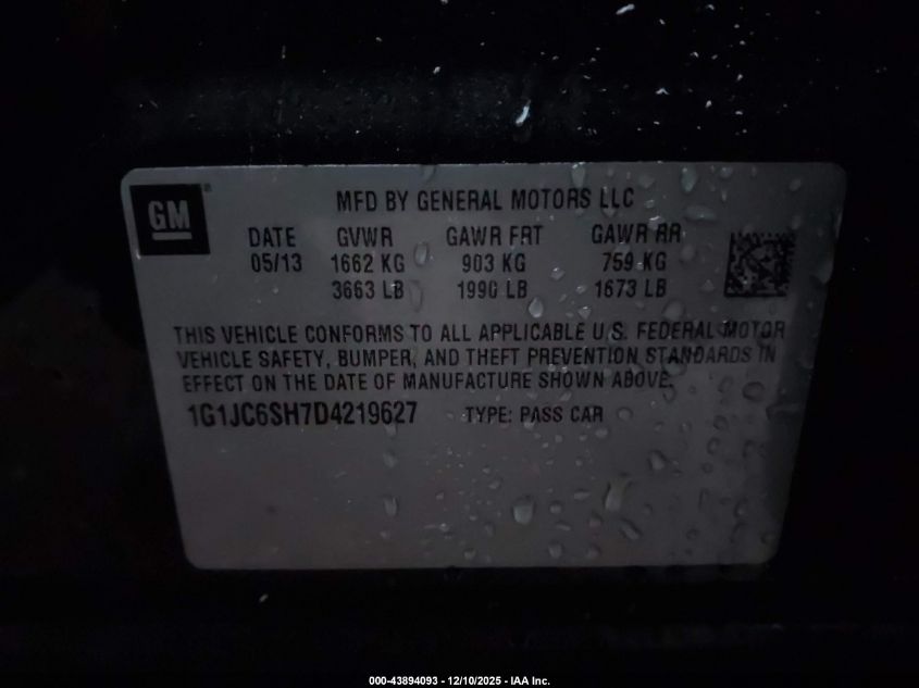 2013 Chevrolet Sonic Lt Auto VIN: 1G1JC6SH7D4219627 Lot: 43894093