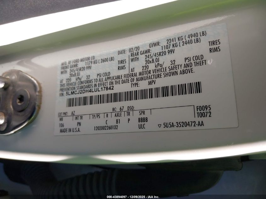 2020 Lincoln Corsair Reserve VIN: 5LMCJ2DH4LUL17842 Lot: 43894097