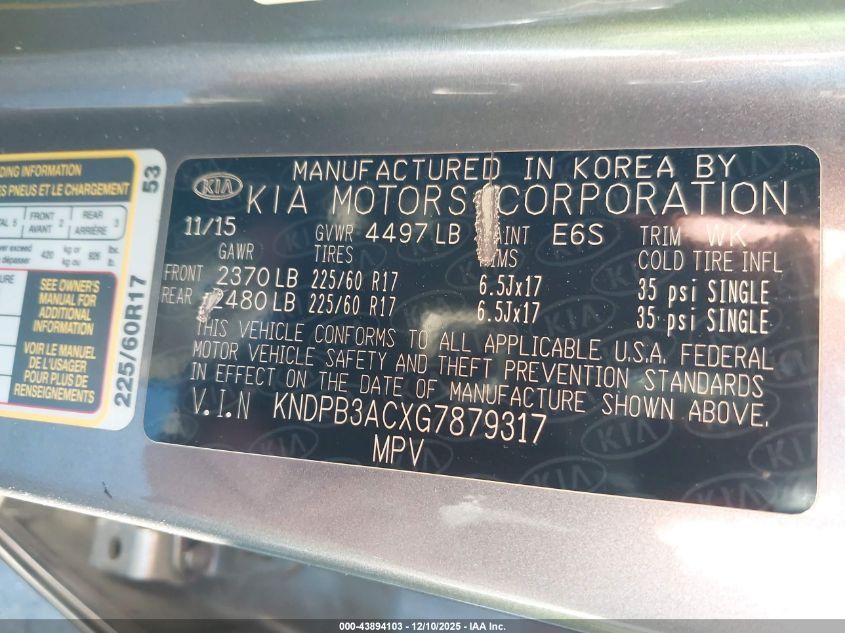 2016 Kia Sportage Lx VIN: KNDPB3ACXG7879317 Lot: 43894103