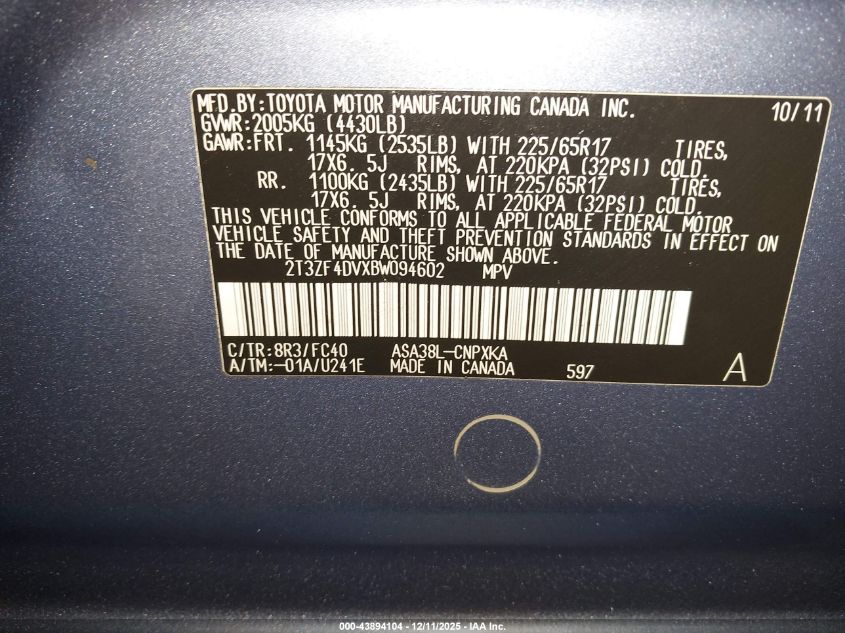 2011 Toyota Rav4 VIN: 2T3ZF4DVXBW094602 Lot: 43894104