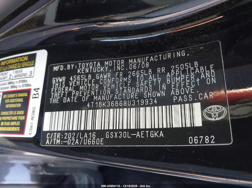2008 Toyota Avalon Xls VIN: 4T1BK36B68U319934 Lot: 43894110