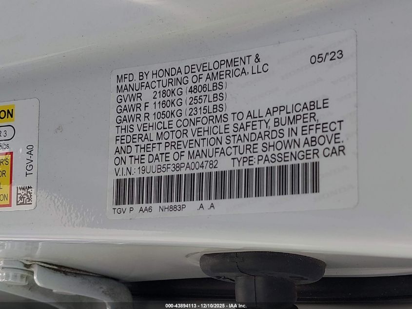 2023 Acura Tlx Standard VIN: 19UUB5F38PA004782 Lot: 43894113