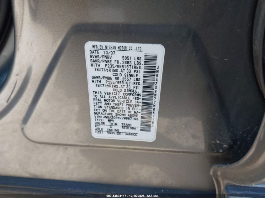 2007 Nissan Murano Sl VIN: JN8AZ08W77W667193 Lot: 43894117