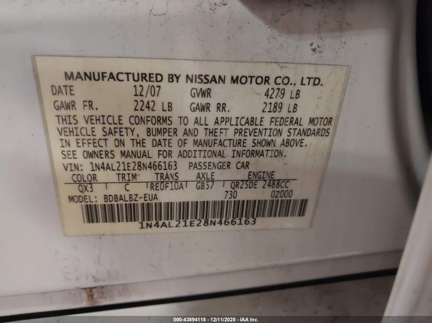 2008 Nissan Altima 2.5 S VIN: 1N4AL21E28N466163 Lot: 43894118