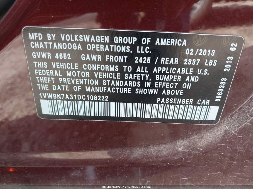 2013 Volkswagen Passat 2.0L Tdi Se VIN: 1VWBN7A31DC108222 Lot: 43894122