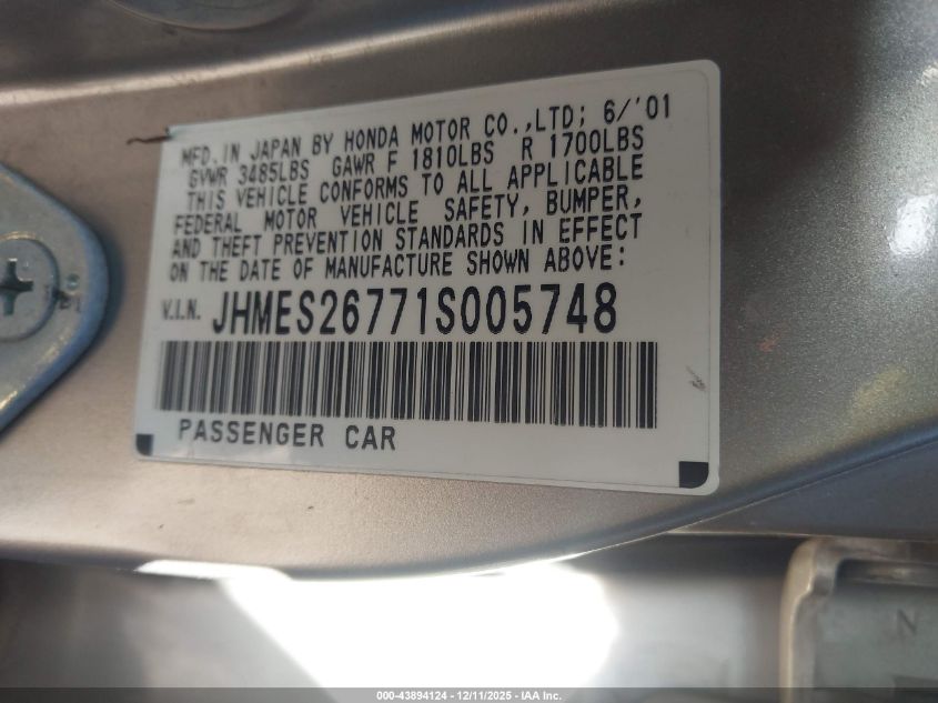 2001 Honda Civic Ex VIN: JHMES26771S005748 Lot: 43894124