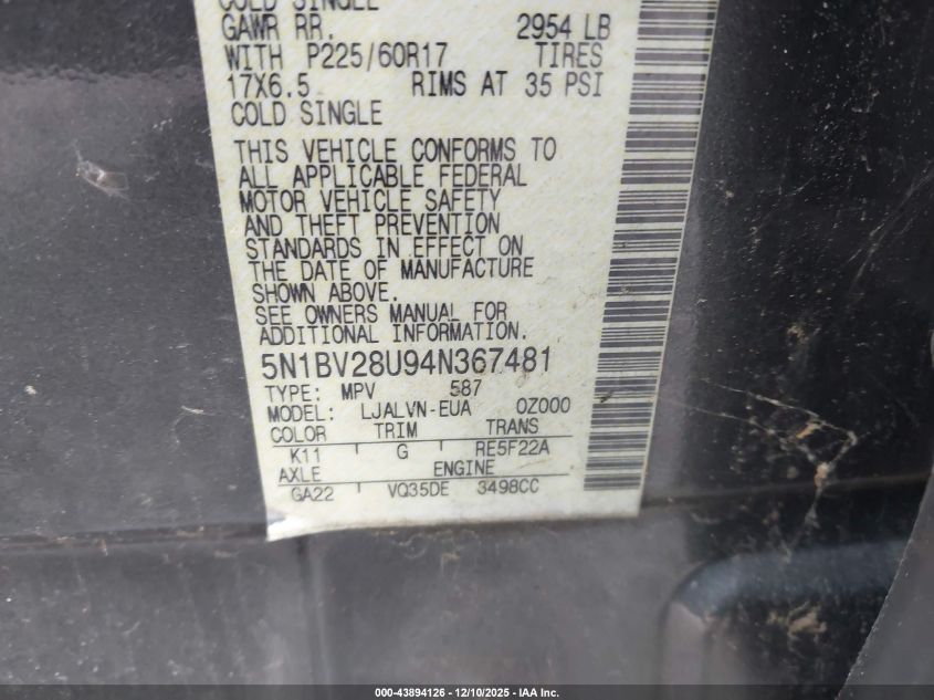 2004 Nissan Quest 3.5 Se VIN: 5N1BV28U94N367481 Lot: 43894126