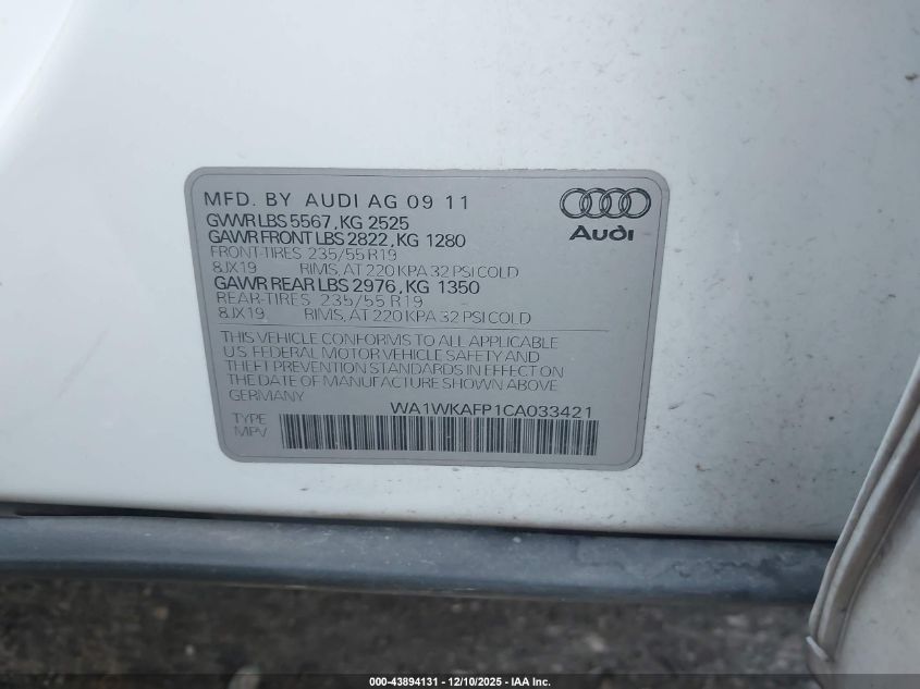 2012 Audi Q5 3.2 Premium VIN: WA1WKAFP1CA033421 Lot: 43894131