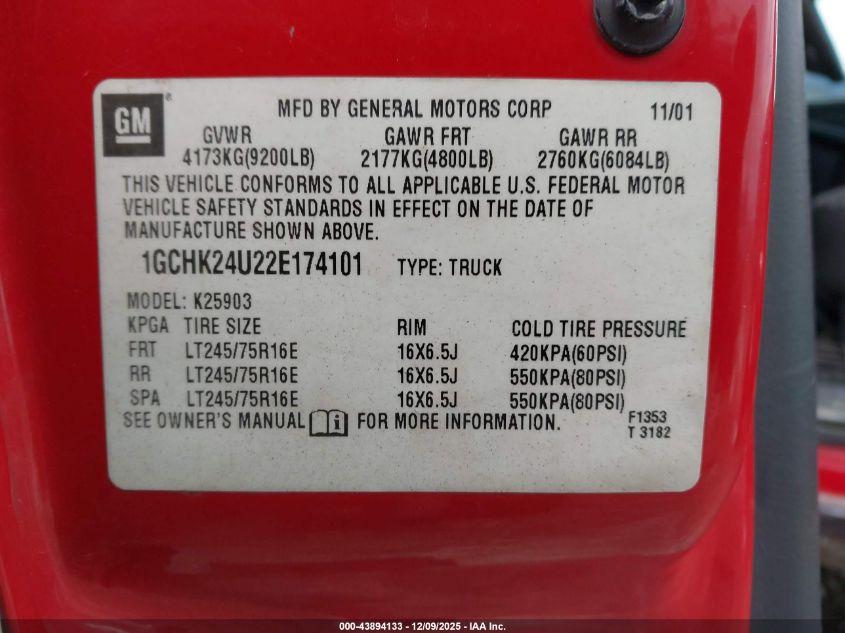 2002 Chevrolet Silverado 2500Hd VIN: 1GCHK24U22E174101 Lot: 43894133
