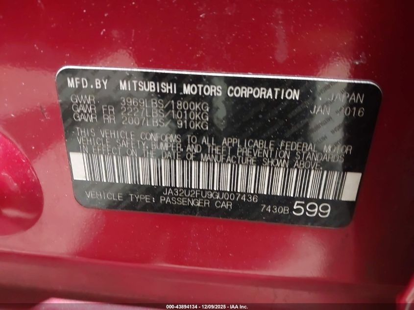 2016 Mitsubishi Lancer Es VIN: JA32U2FU9GU007436 Lot: 43894134