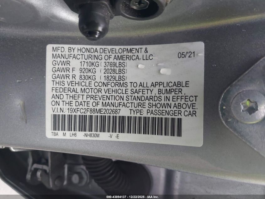 2021 Honda Civic Sport VIN: 19XFC2F88ME202687 Lot: 43894137