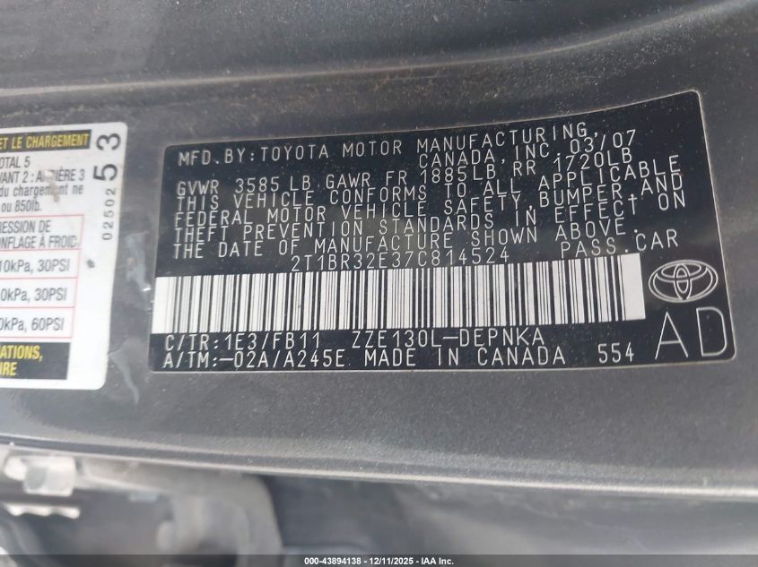 2007 Toyota Corolla Le VIN: 2T1BR32E37C814524 Lot: 43894138