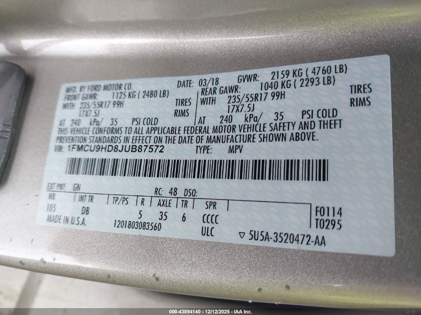 2018 Ford Escape Sel VIN: 1FMCU9HD8JUB87572 Lot: 43894140