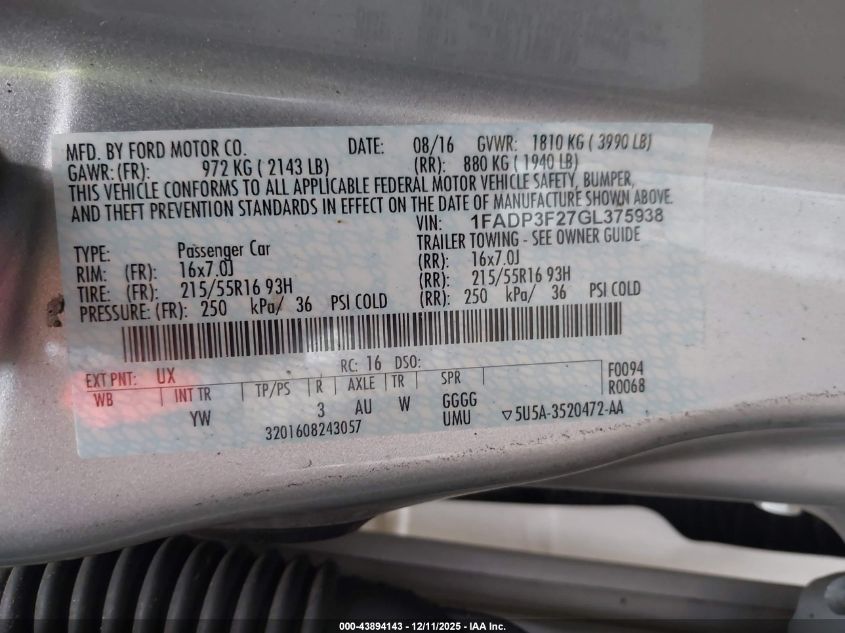 2016 Ford Focus Se VIN: 1FADP3F27GL375938 Lot: 43894143