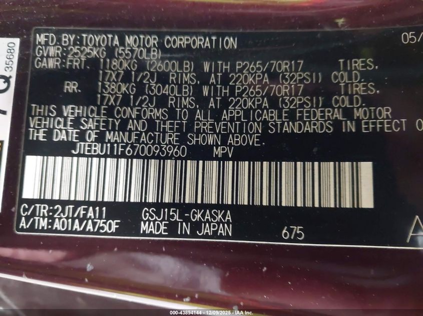 2007 Toyota Fj Cruiser VIN: JTEBU11F670093960 Lot: 43894144