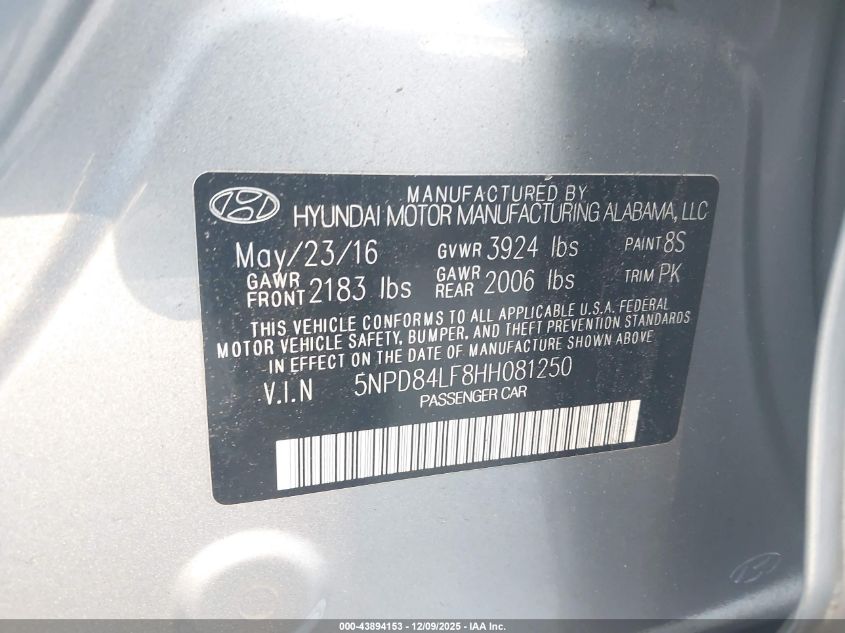 2017 Hyundai Elantra Se VIN: 5NPD84LF8HH081250 Lot: 43894153