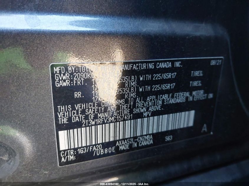 2021 Toyota Rav4 Xle VIN: 2T3W1RFV3MC157491 Lot: 43894160