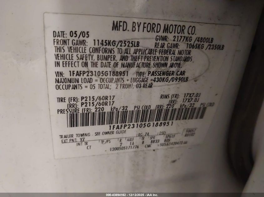 2005 Ford Five Hundred Se VIN: 1FAFP23105G188951 Lot: 43894162