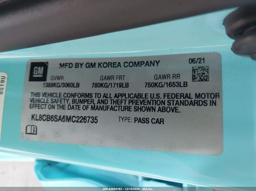 2021 Chevrolet Spark Fwd Ls Automatic VIN: KL8CB6SA6MC226735 Lot: 43894163