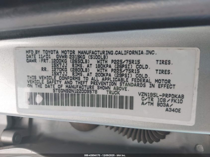 2002 Toyota Tacoma Prerunner V6 VIN: 5TEGN92N12Z009578 Lot: 43894170