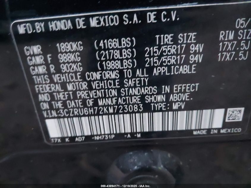 2019 Honda Hr-V Ex-L VIN: 3CZRU6H72KM723083 Lot: 43894171