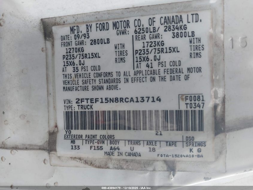 1994 Ford F150 VIN: 2FTEF15NBRCA13714 Lot: 43894179