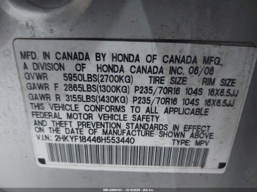 2006 Honda Pilot Ex VIN: 2HKYF18446H553440 Lot: 43894181
