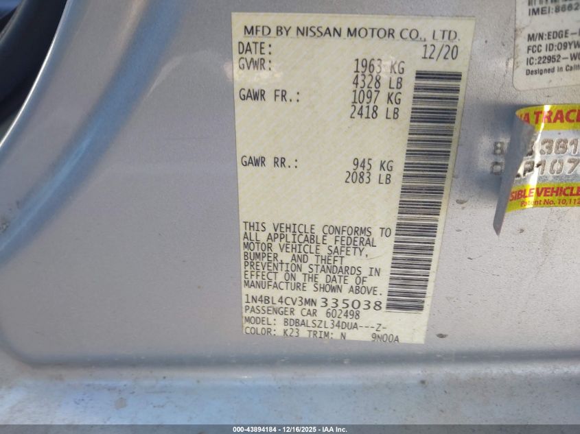 2021 Nissan Altima Sr Fwd VIN: 1N4BL4CV3MN335038 Lot: 43894184