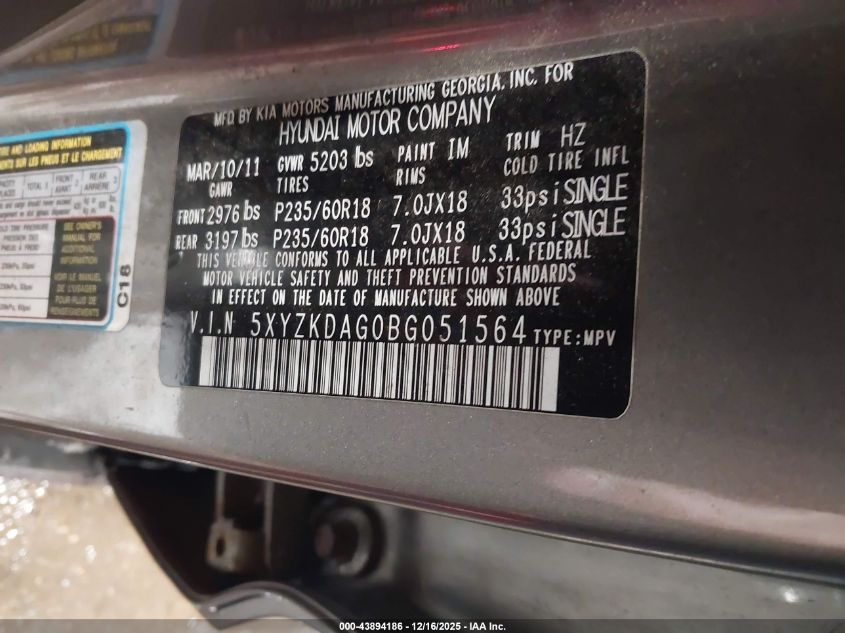 2011 Hyundai Santa Fe Limited V6 VIN: 5XYZKDAG0BG051564 Lot: 43894186