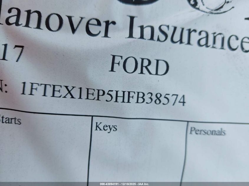 2017 Ford F-150 Xlt VIN: 1FTEX1EP5HFB38574 Lot: 43894191