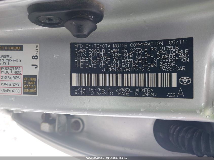 2011 Toyota Prius Two VIN: JTDKN3DU3B1373216 Lot: 43894199