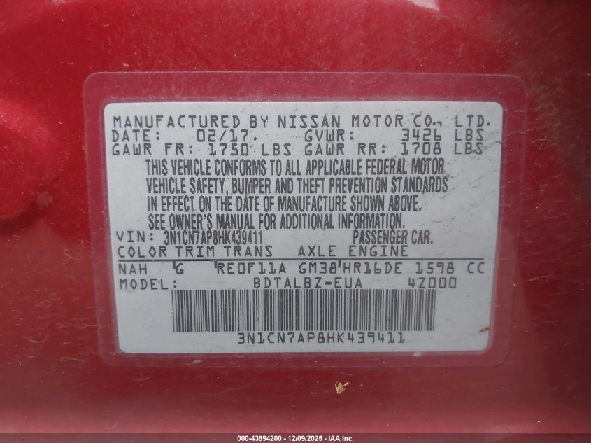 2017 Nissan Versa 1.6 Sv VIN: 3N1CN7AP8HK439411 Lot: 43894200