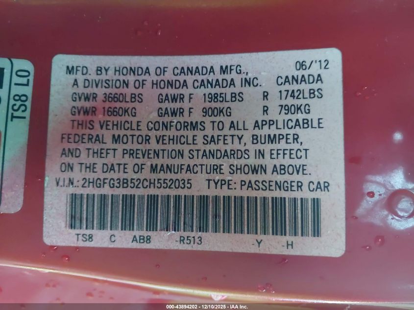 2012 Honda Civic Lx VIN: 2HGFG3B52CH552035 Lot: 43894202