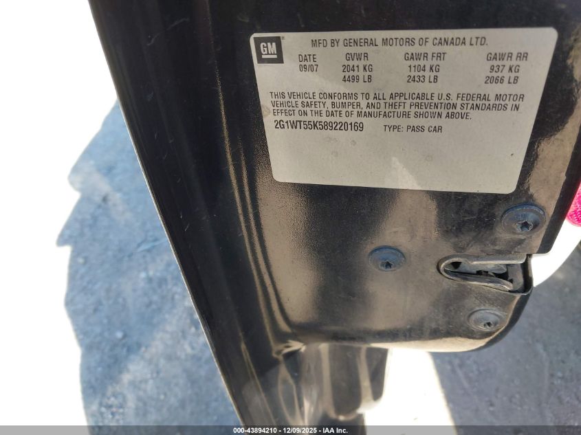 2008 Chevrolet Impala Lt VIN: 2G1WT55K589220169 Lot: 43894210