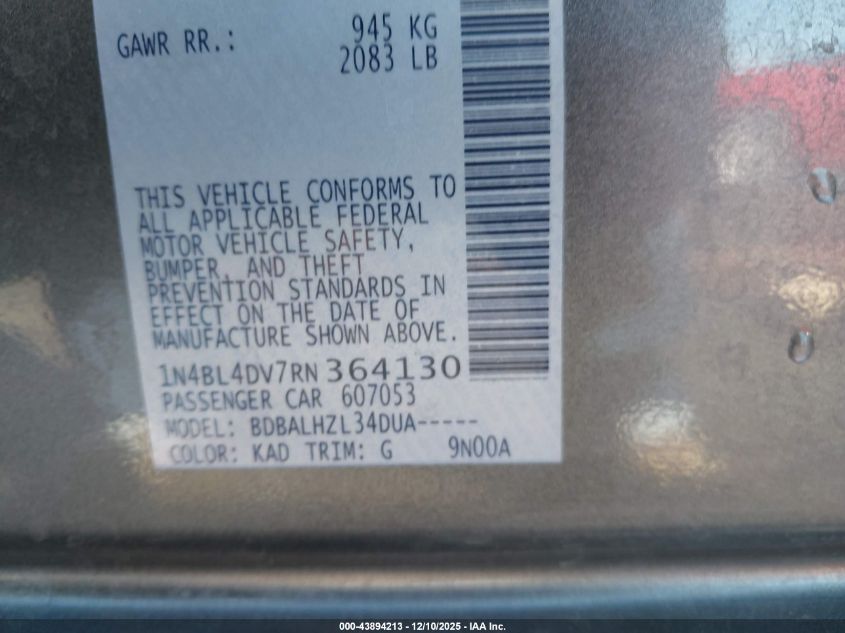 2024 Nissan Altima Sv Fwd VIN: 1N4BL4DV7RN364130 Lot: 43894213