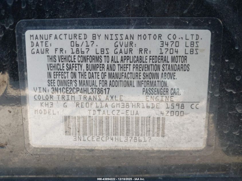 2017 Nissan Versa Note S Plus VIN: 3N1CE2CP4HL378617 Lot: 43894222