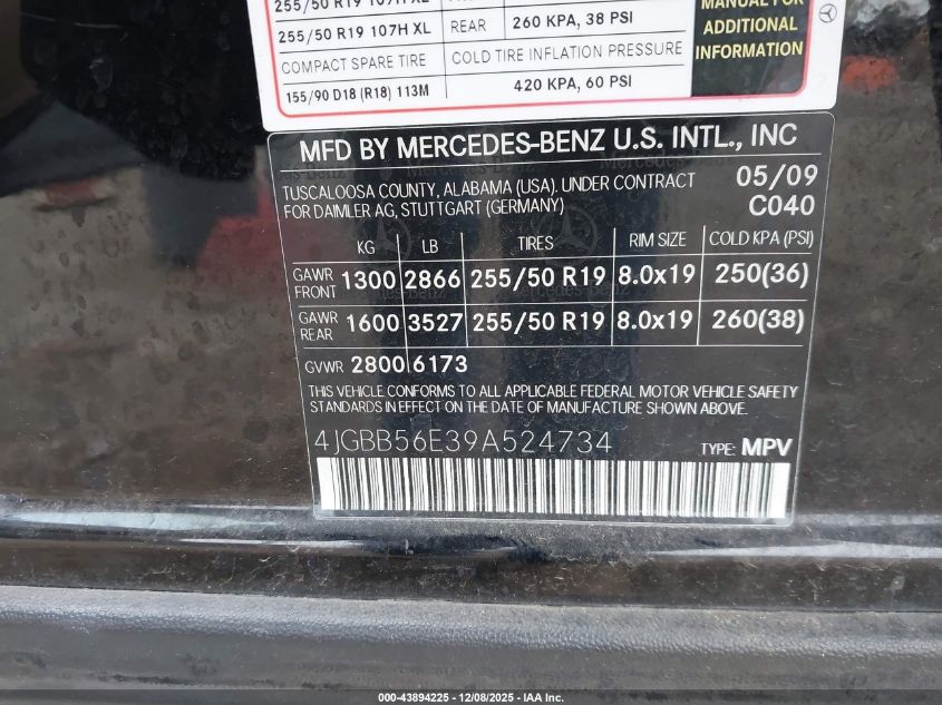 2009 Mercedes-Benz Ml 350 VIN: 4JGBB56E39A524734 Lot: 43894225