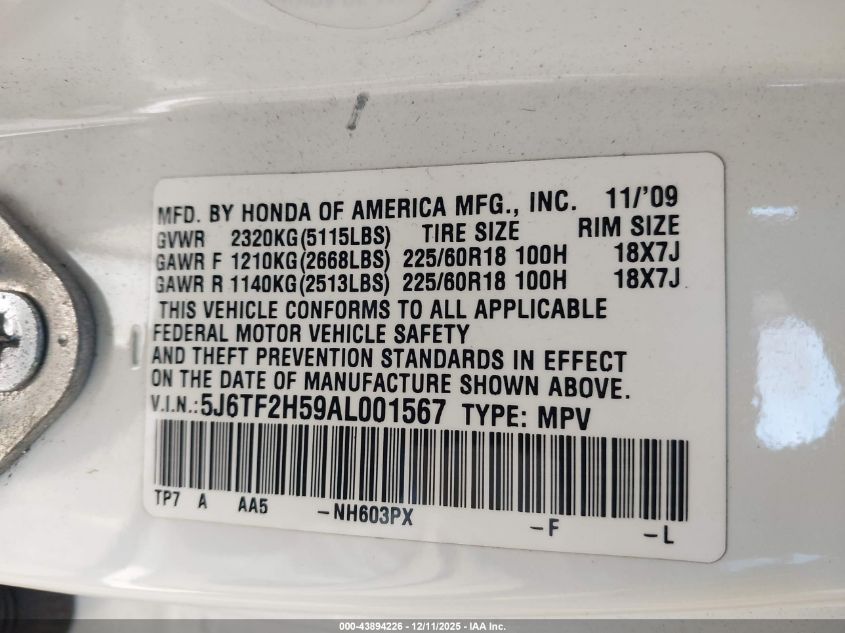 2010 Honda Accord Crosstour Ex-L VIN: 5J6TF2H59AL001567 Lot: 43894226