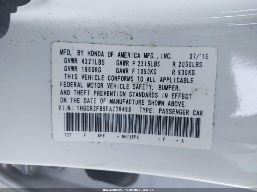 2015 Honda Accord Ex-L VIN: 1HGCR2F89FA236498 Lot: 43894228