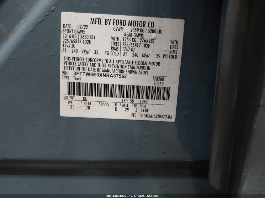 2022 Ford Maverick Xlt VIN: 3FTTW8E3XNRA37562 Lot: 43894232