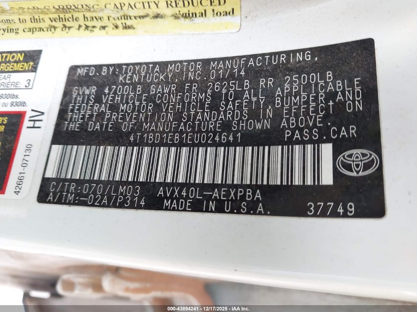 2014 Toyota Avalon Hybrid Limited VIN: 4T1BD1EB1EU024641 Lot: 43894241