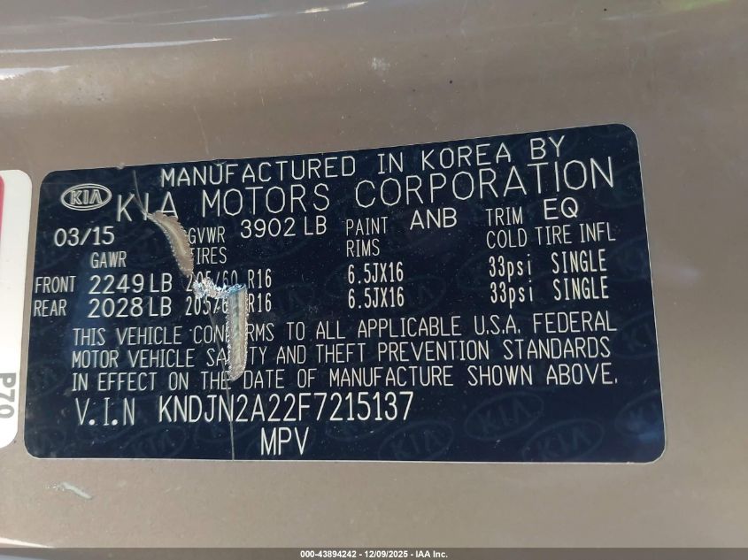 2015 Kia Soul VIN: KNDJN2A22F7215137 Lot: 43894242