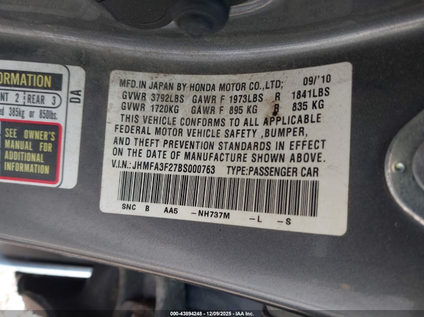 2011 Honda Civic Hybrid VIN: JHMFA3F27BS000763 Lot: 43894248