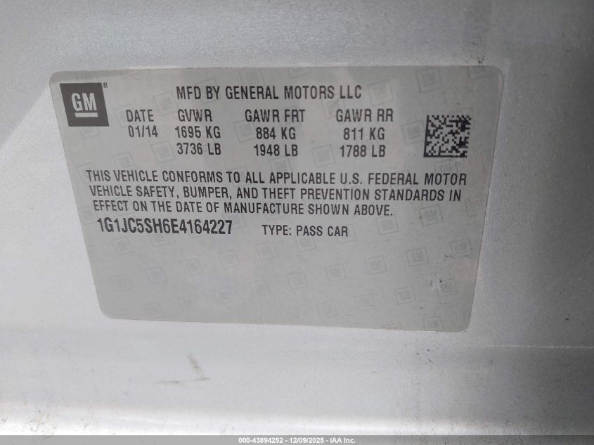 2014 Chevrolet Sonic Lt Auto VIN: 1G1JC5SH6E4164227 Lot: 43894252