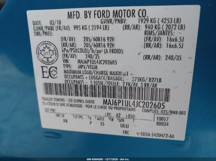 2018 Ford Ecosport Se VIN: MAJ6P1UL4JC202605 Lot: 43894260