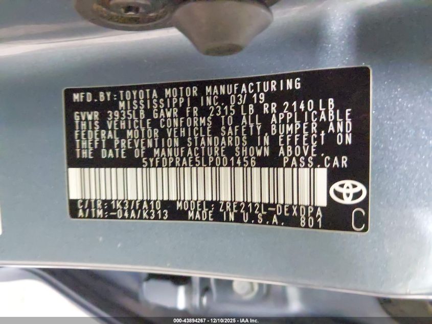 2020 Toyota Corolla L VIN: 5YFDPRAE5LP001456 Lot: 43894267