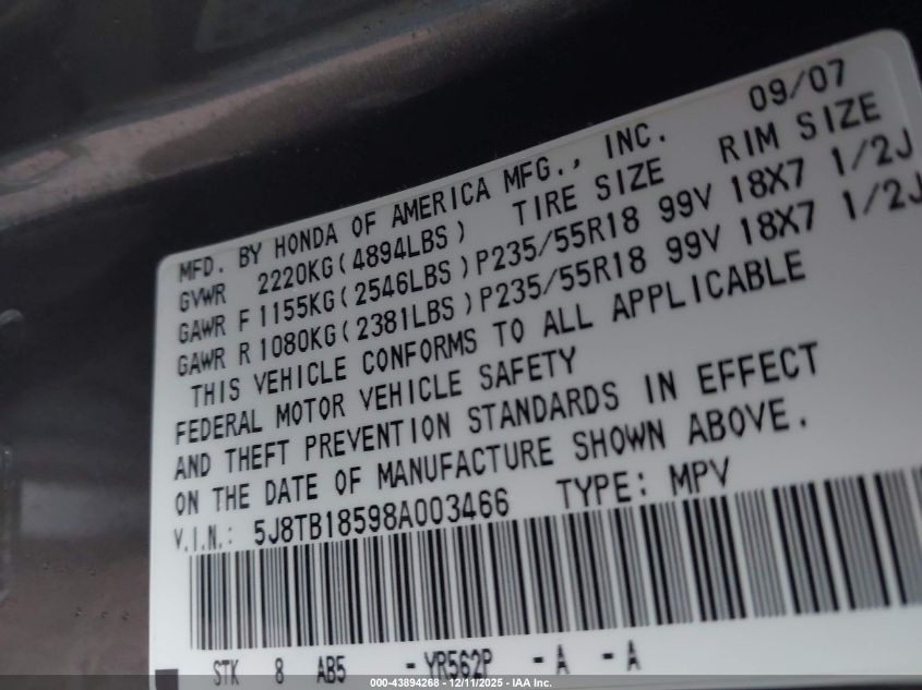 2008 Acura Rdx VIN: 5J8TB18598A003466 Lot: 43894268