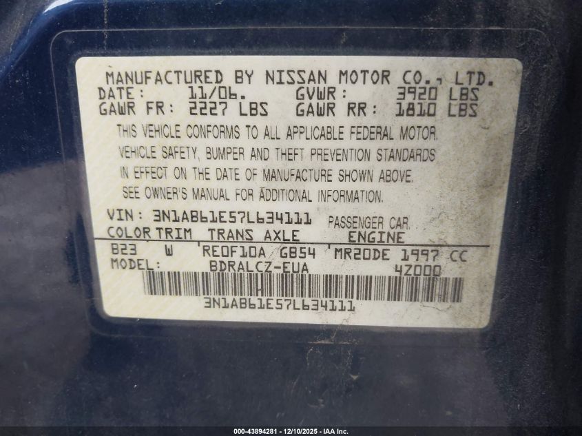 2007 Nissan Sentra 2.0 VIN: 3N1AB61E57L634111 Lot: 43894281