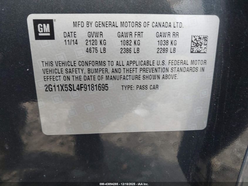 2015 Chevrolet Impala 1Fl VIN: 2G11X5SL4F9181695 Lot: 43894285