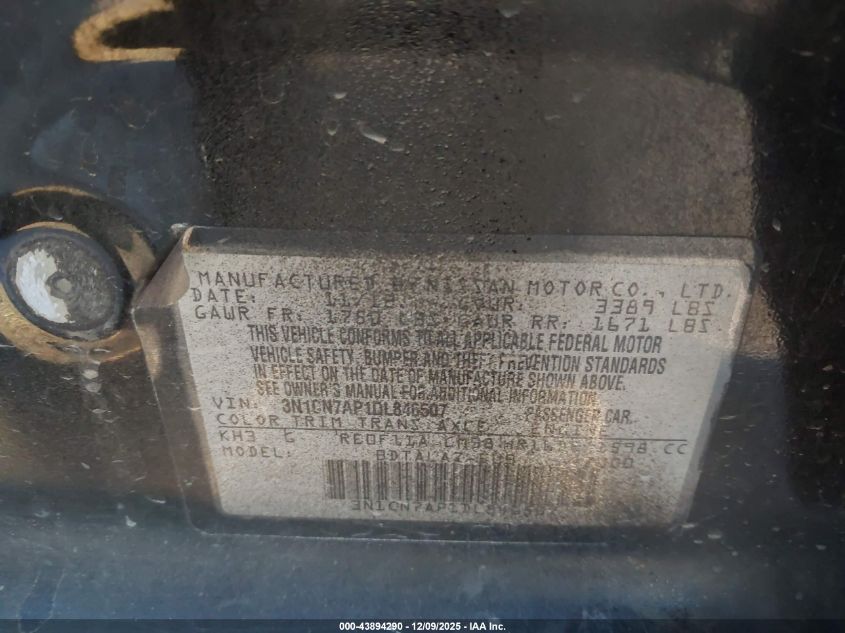 2013 Nissan Versa 1.6 S+ VIN: 3N1CN7AP1DL846507 Lot: 43894290